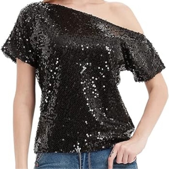 Short Sleeve One Shoulder Sparkly Glitter Sequin Top Shirt Blouse Size Large L. - Picture 1 of 6